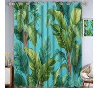 HASLEFND 2 Tende oscuranti Piante tropicali con occhielli, 140 cm di altezza, super morbide, opache, per soggiorno, camera da letto, Foglie di banana e foglie di palma,Blu-verde