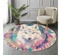 HASLEFND Lavabile Tappeto Rotondo 60cm Antiscivolo Sottile Blu e rosa Stile bohémien Tappeto a Cerchio Salotto Cameretta Soggiorno Acchiappasogni con piume di lupo Stampato Tappeti di Zona