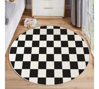 HASLEFND Lavabile Tappeto Rotondo 80cm Antiscivolo Sottile Nero Tappeto a Cerchio Salotto Cameretta Soggiorno Stile geometrico classico Quadrati bianchi e neri Stampato Tappeti di Zona
