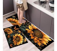 HASLEFND Set di 2 tappeti da cucina Floreale retrò Farfalla monarca del girasole, tappetini da cucina per la decorazione della casa e l'ufficio,antiscivolo(Nero e giallo, 40x60+40x120cm)