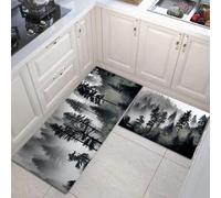 HASLEFND Set di 2 tappeti da cucina Foresta Nebbiosa Nebbia tra i Monti dei Pini, tappetini da cucina per la decorazione della casa e l'ufficio, antiscivolo(Nero e verde, 40x60+40x120cm)