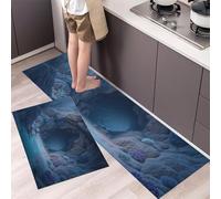 HASLEFND Set di 2 tappeti da cucina Paesaggio fantasy Piante dei ruscelli delle grotte, tappetini da cucina per la decorazione della casa e l'ufficio,antiscivolo(Grigio-blu,45x75+45x150cm)