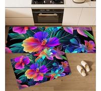 HASLEFND Set di 2 tappeti da cucina Stile tropicale Foglia di palma Orchidea Ibisco, tappetini da cucina per la decorazione della casa e l'ufficio,antiscivolo(Viola, 50x80+50x150cm)