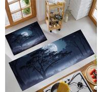 HASLEFND Set di 2 tappeti da cucina Vista notturna Nebbia nella pineta al chiaro di luna, tappetini da cucina per la decorazione della casa e l'ufficio,antiscivolo(Blu scuro, 45x75+45x150cm)