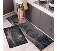HASLEFND Tappeti da Cucina Antiscivolo Lavabile 40x60+40x120cm, Paesaggio invernale Foresta illuminata dalla luna Runner Tappeto, Facile da Pulire Tappeti per Lavandino, Corridoio, Grigio-blu