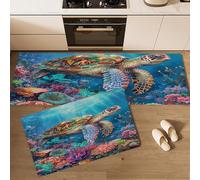 HASLEFND Tappetini da cucina 2 pezzi, Tappeto Cucina Antiscivolo, Animali marini Barriera corallina delle tartarughe Tappeti da Cucina, lavabile, Adatto per corridoi, cucine, bagni, 50x80+50x150cm