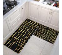 HASLEFND Tappetini da cucina 2 pezzi, Tappeto Cucina Antiscivolo, Geometria semplice Linee d'oro Tappeti da Cucina, lavabile, Adatto per corridoi, cucine, Nero, 45x75+45x150cm
