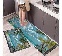 HASLEFND Tappetini da cucina 2 pezzi, Tappeto Cucina Antiscivolo, Paesaggio marino tropicale Cornice della finestra, spiaggia, oceano Tappeti da Cucina,Adatto per corridoi,Blu celeste, 40x60+40x120cm