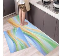 HASLEFND Tappetini da cucina 2 pezzi, Tappeto Cucina Antiscivolo, Vento astratto che scorre Nastri fluttuanti Tappeti da Cucina, lavabile, Adatto per corridoi, cucine, Azzurro chiaro, 50x80+50x150cm