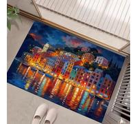 HASLEFND Tappetino da Bagno Stampa Vista notturna della città, Tappetino Rosso e Blu Stampa Case nella città portuale, Pavimentazione Antiscivolo Adatta sia per Interni che 40 x 60 cm
