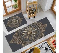 HASLEFND Tappeto Cucina in Stile barocco retrò Bussola con intagli a volute Antiscivolo e Lavabile Runner Resistente all'usura Passatoia Cucina Antimacchia Adatto da tenere sotto il Lavandino Oro
