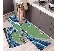 HASLEFND Tappeto Cucina in Ukiyo-e giapponese Fiori di ciliegio del Monte Fuji a Ozami Antiscivolo e Lavabile Runner Resistente Cucina Antimacchia Adatto da tenere sotto il Lavandino Blu-verde