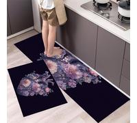 HASLEFND Tappeto Cucina passatoia antiscivolo lavabile Stile romantico oscuro Cuore di Fiore runner salotto per soggiorno camera da letto corridoio Entrata bagno Viola 50x80+50x150cm