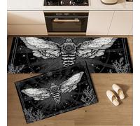 HASLEFND Tappeto Cucina Set di 2 Antiscivolo Falena teschio, Tappetini da Cucina Lavabili Stile misterioso e magico Runner Tappeti per Corridoio, Sala da Pranzo 50x80+50x150cm Nero