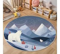 HASLEFND Tappeto rotondo per bambini, 120cm, lavabile e antiscivolo, morbido tappeto da gioco Animali dei cartoni animati Montagne innevate, orsi polari, cielo stellato per ragazzi e ragazze,Blu