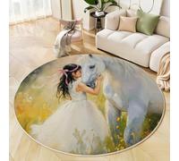HASLEFND Tappeto rotondo per bambini, 160cm, lavabile e antiscivolo, morbido tappeto da gioco Stile di pittura ad olio di animali La ragazza bacia il cavallo bianco per ragazzi e ragazze,Giallo