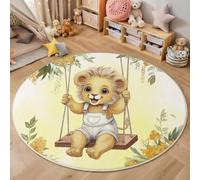 HASLEFND Tappeto rotondo per bambini 80cm, lavabile e antiscivolo, morbido tappeto da gioco Animali carini Leone che si dondola su un'altalena per ragazzi e ragazze, cameretta dei bambini, Giallo