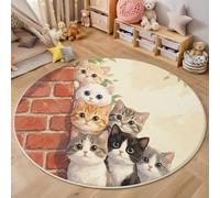 HASLEFND Tappeto rotondo per bambini, Animali carini Il gatto dietro il muro di mattoni, per cameretta dei bambini, cameretta dei giochi, camera dei ragazzi, soggiorno, colore crema, Beige,100cm