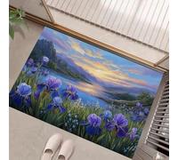 HASLEFND Zerbino 50 x 80 cm, per ingresso, antiscivolo, lavabile, per interni, a pelo corto,Illustrazioni di paesaggi Fiori di iris, cime montuose e laghi, piccolo tappeto per camera da lettoViola