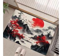 HASLEFND Zerbino 50 x 80 cm, per ingresso, antiscivolo, lavabile, per interni, a pelo corto,Stile astratto di pittura a inchiostro Montagne, fiumi, alberi, piccolo tappeto per camera da lettoRosso