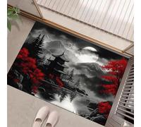 HASLEFND Zerbino 50 x 80 cm, per ingresso, antiscivolo, lavabile, per interni, a pelo corto,Stile pittura a inchiostro Antica pineta, piccolo tappeto per camera da lettoNero e rosso