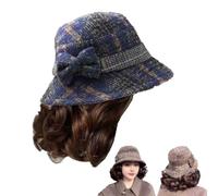 Hat E Parrucca Per Donne,Hat A Secchiello Con Parrucca Calda E Riccia,Elegante Hat Da Mamma,hat Di Lana Spesso Autunno/Inverno Con Parrucca Corta E Riccia Integrata (Blue)