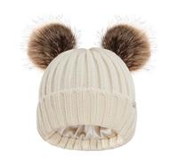 Hat Hut Berretto Bambino Invernale Foderato in Raso per Capelli, Bambini Caldo Cappello a Maglia Pompon Morbido Beanie per Ragazzi Ragazze (IT, Testo, Taglia Unica, B2-Beige 2 Poms)