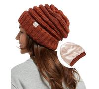 Hat Hut Berretto invernale da donna con fodera in raso, Slouchy Beanie per capelli, caldo berretto lavorato a maglia con fodera in seta, morbido berretto di lana, arancione scuro, Taglia unica