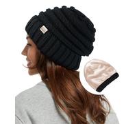 Hat Hut Berretto invernale da donna foderato in raso con fodera in seta per capelli morbido e caldo cappello invernale lavorato a maglia, nero, Taglia unica