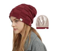 Hat Hut Cappello Invernale da Donna da Uomo, Berretto Foderato in Raso Seta, Caldo Berretto da Sci Unisex Cappello in Maglia Slouch Beanie (IT, Testo, Taglia Unica, Borgogna)