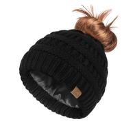 Hat Hut Donna Berretto Lavorato a Maglia con Coda di Cavallo, Cappello Invernale Foderato in Raso per Capelli Ricci, Caldo Beanie per Disordinato Chignon (IT, Testo, Taglia Unica, Nero)