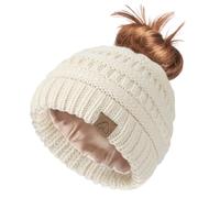 Hat Hut Donna Berretto Lavorato a Maglia con Coda di Cavallo, Cappello Invernale Foderato in Raso per Capelli Ricci, Caldo Beanie per Disordinato Chignon (IT, Testo, Taglia Unica, Beige)