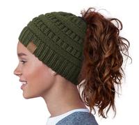 Hat Hut Donna Berretto Lavorato a Maglia con Coda di Cavallo, Cappello Invernale Foderato in Raso per Capelli Ricci, Caldo Beanie per Disordinato Chignon (IT, Testo, Taglia Unica, Verde Oliva)