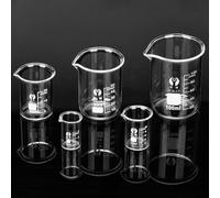 HATANSE 5 Pezzi Becher Graduato in Vetro Borosilicato 5ml 10ml 25ml 50ml 100ml Becher Forma Bassa per Laboratorio Esperimento Chimico Medicina