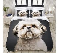 HATEGE Set Copripiumino Matrimoniale 260x240 Shih Tzu Cani Biancheria da Letto Animali in Morbida Microfibra Stampe 3d Copripiumini + 2 Federe con Cerniera