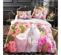 HATEGE Set Copripiumino Matrimoniale Coniglio Copripiumino Double Face Fiori Biancheria da Letto in Microfibra 3D Copripiumini 260x240 cm e 2 Federe 9783-ABC