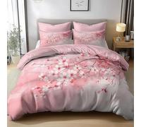 HATEGE Set Copripiumino Matrimoniale Fiori di Ciliegio Giapponesi, Copripiumino Double Face Fiori Rosa Biancheria da Letto in Microfibra, 3D Copripiumini 250x200 cm e 2 Federe 6845-ABC