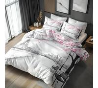 HATEGE Set Copripiumino Matrimoniale Parigi, Copripiumino Double Face Fiori di Ciliegio Biancheria da Letto in Microfibra, 3D Copripiumini 240x220 cm e 2 Federe 7039-ABC