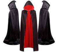 HATFRYF Rosso-Nero Mantello con Cappuccio, Mantello di Lungo in Velluto, Lungo Mantello Mascherata Halloween, Mantellos Fancy Dress Festa Cosplay, Costumi di Ruolo Strega Vampiro Adulti（90CM）