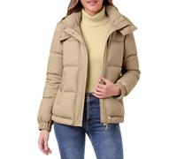 Hathne Giacca da donna corta con cappuccio e imbottita, piumino invernale con zip, cappotto caldo e imbottito, Cachi, X-Large