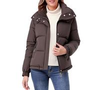 Hathne Giacca da donna corta con cappuccio e imbottita, piumino invernale con zip, cappotto caldo e imbottito, Caffè, X-Large