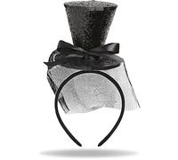 Hatstar Cerchietto per capelli a cilindro, nero, con cappello da festa, fiocco e velo, per donna, accessorio per costume di Capodanno, Carnevale e Carnevale