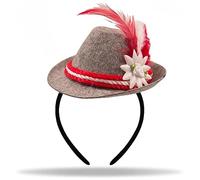 Hatstar Mini cappello da seppel, con cerchietto per capelli, in miniatura con piuma, rosso, accessorio per costume da Oktoberfest per uomo e donna