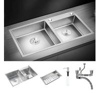 HaTur Lavello da Cucina in Acciaio Inox Fatto a Mano con 2 Fori Doppio Lavello con kit di scarico e filtro cestello, 78 * 43 * 20cm (Argento)