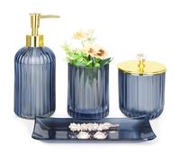 Haturi Set di accessori per il bagno, 4 pezzi in vetro blu, set completo di dispenser di sapone per lozione, portaspazzolino, barattolo da farmacia, vassoio da toeletta, decorazione per il bagno,