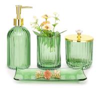Haturi Set di accessori per il bagno, 4 pezzi in vetro verde, set completo di dispenser di sapone per lozione, portaspazzolino, barattolo da farmacia, vassoio da toeletta, decorazione per il bagno,