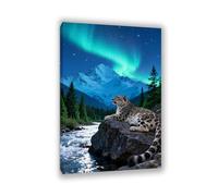 Hau3sh3a Quadro su tela Aurora boreale Leopardo delle nevi del fiume stellato Dipinto su tela Aurora boreale animale Stampa artistica per soggiorno camera da letto105x70cm(41x28in) Cornice interna