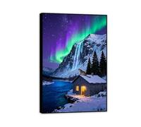 Hau3sh3a Quadro su tela Aurora boreale Leopardo delle nevi notturno viola e verde Dipinto su tela Aurora boreale animale Stampa artistica per soggiorno camera da letto60x40cm(24x16in) Cornice nera
