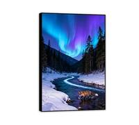Hau3sh3a Stampa su tela aurora boreale Blue Pine Forest Snow Fox che attraversa il fiume immagini decorazione da parete colorata per soggiorno ufficio poster animal45x30cm(18x12in) Cornice interna