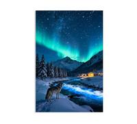 Hau3sh3a Stampa su tela aurora boreale Guardando il lupo del fiume blu notte nevosa immagini decorazione da parete colorata per soggiorno ufficio aurora boreale poster animal60x40cm(24x16in) poster